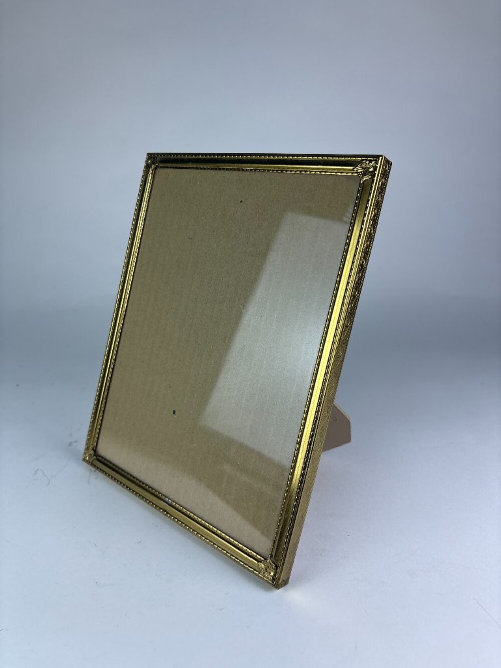 Vintage Gold Tone Metal Picture Frame with Ornate Corners, Glass Front & Easel